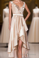 Champagne Ruffled Faux-Wrapped A-line Hi-Low Bridesmaid Dress with Sash