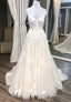 Champagne V-Neck Lace Long Prom Dresses, A-Line Evening Dresses