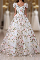 White V Neck 3D Flowers Long Formal Prom Dress, White Evening Dress