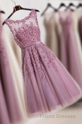 Cute Pink Lace Tulle Short Formal Prom Dress, Pink Evening Dress
