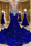 Royal Blue Sleeveless Mermaid Formal Prom Dresses with Beadings and Sequins