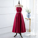 Red A-Line Round-Neck Evening Dress with Beading