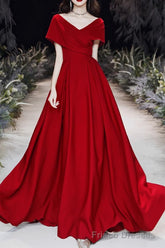 Simple V-neck Short-Sleeve Off Shoulder Long Prom Dress Red A-Line Evening Dress