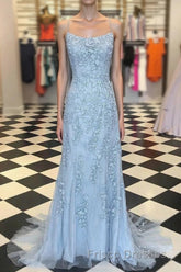 Blue Spaghetti Straps Backless Appliques Formal Prom Dress