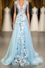 Modest Square Neckline Beading Appliques Sky Blue Long Formal Prom Dress Pageant Gown