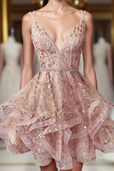 Cute Sequins Pink Homecoming Dress V-neck Beaded Short Formal Prom Dress