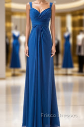 Simple Cheap Blue Sweetheart Long Ruffles Chiffon Bridesmaid Dress