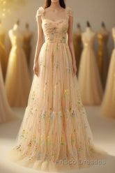 Champagne Lovely Tulle Lace Long Formal Prom Dress, Champagne Evening Dress