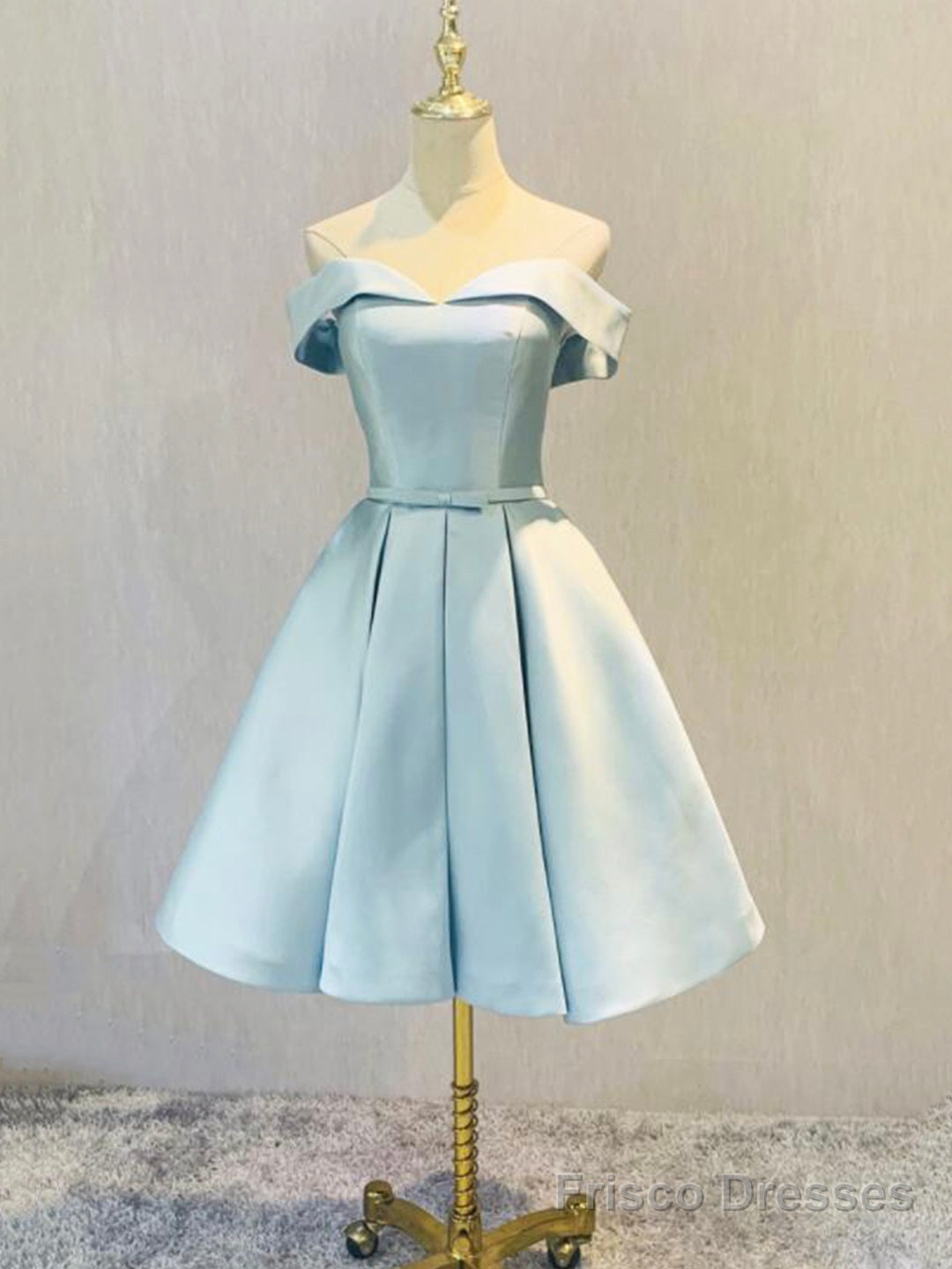 Simple Short Light Blue Satin Party Dress, Blue A-Line Off the Shoulde