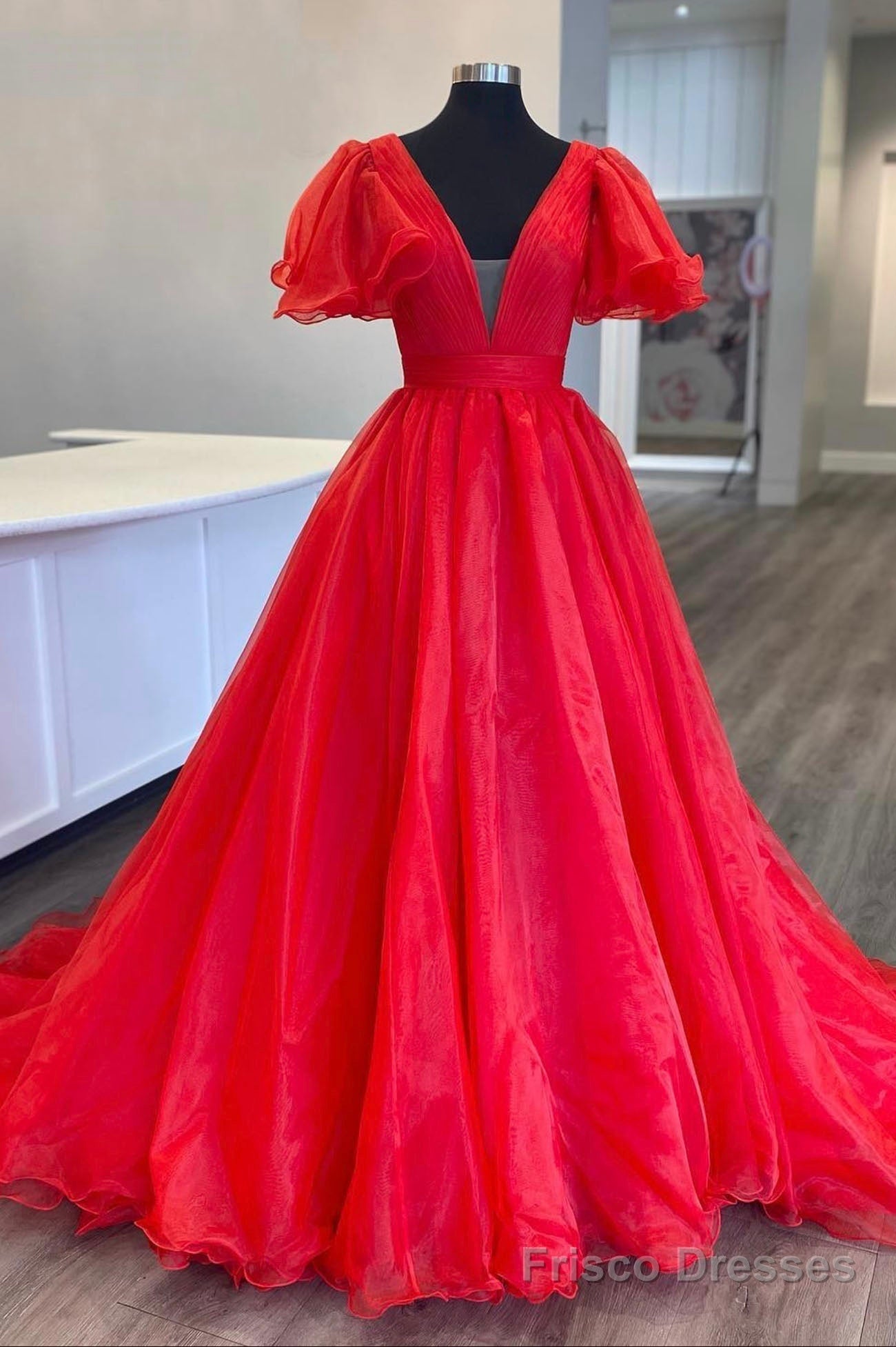 Red Organza Long A-Line Prom Dress, Beautiful V-Neck Evening Dress Frisco Dresses Red Organza Long A-Line Prom Dress, Beautiful V-Neck Evening Dress Frisco Dresses