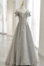 Grey Tulle Sequins Long A-Line Prom Dresses, Off the Shoulder Evening Dresses