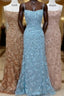 Straps Mermaid Blue Lace Appliques Long Formal Prom Dress