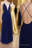 Simple A-line V Neck Navy Blue Long Formal Prom Dress