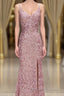 Gorgeous Mermaid V-Neck Pearl Pink Long Formal Prom Dress with Slit