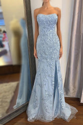 Elegant Strapless Mermaid Sky Blue Long Lace Formal Prom Dress with Slit