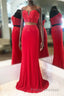 Elegant Two Piece Sweetheart Beaded Red Formal Prom Dress with Lace-up Back