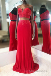 Elegant Two Piece Sweetheart Beaded Red Formal Prom Dress with Lace-up Back