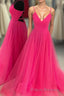 V Neck A-line Hot Pink Long Formal Prom Dress with Lace-up Back