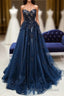 Navy Blue Tulle With Lace Sweetheart Long Formal Prom Dress, Blue Long Formal Prom Dress