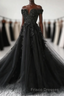 Black Off Shoulder Tulle Long Evening Dress Formal Prom Dress, Black Lace Formal Prom Dress