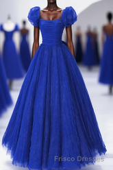 Royal Blue Scoop Tulle Short Sleeves Long Formal Prom Dress, Royal Blue A-Line Party Dress
