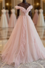 Pink Tulle Off The Shoulder A-Line Tulle Ruffles Floor-Length Formal Prom Dress, Pink Long Party Dress