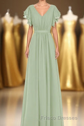 Elegant Sage Green Ruffled A-Line Long Bridesmaid Dress