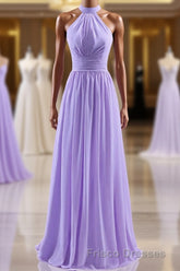 High Neck Lavender Chiffon Empire A-line Long Bridesmaid Dress