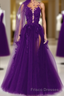 Purple Tulle With Lace Applique Long Party Dress, A-Line Tulle Formal Prom Dress