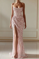 New Arrival Pink Sequins Sleeveless Evening Dress With Split
