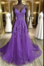 V-Neckline Purple A-Line Straps Long Formal Prom Dress, Purple Long Evening Dress Party Dress