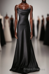 Black Soft Satin A-Line Floor Length Formal Prom Dress, Black Straps Long Evening Dress