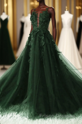 Green A-Line Tulle With Lace Low Back Formal Prom Dress, Green Tulle Evening Dress Party Dress