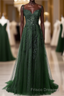 Dark Green Tulle With Lace Beaded Straps Formal Prom Dress, Green Long Formal Prom Dress Party Dress