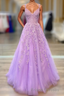 A-Line Tulle Princess Light Purple Formal Prom Dress With Appliques, Tulle Straps Formal Prom Dress