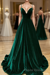 Green V-Neckline Straps Lace-Up A-Line Formal Prom Dress, Green Velvet Long Formal Prom Dress