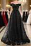 A-Line Off Shoulder Black Tulle With Lace Party Dress, Black Long Formal Prom Dress