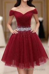 Burgundy Tulle Sequin Short Formal Prom Dress, Burgundy Homecoming Dress, 1