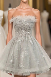 Gray Sweetheart Lace Tulle Short Formal Prom Dress, Gray Cocktail Dress