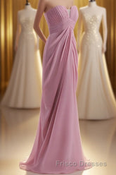 Strapless Blush Pink Draped High Waist Long Bridesmaid Dress