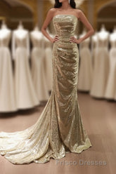 Gold Sequins Mermaid Scoop Long Evening Dress, Gold Long Formal Prom Dress Party Dress