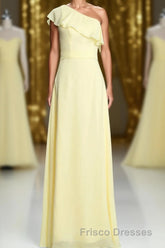 One Shoulder Yellow Ruffles A-line Long Bridesmaid Dress