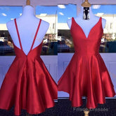 Deep V Neck Red Straps Backless Sleeveless A Line Satin Pleated Homecoming Dresses