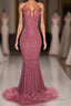 2023 Charming Mermaid Hot Pink Sequence With Feathers Halter Backless Formal Prom Dress