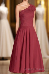 One-Shoulder Burgundy Lace A-Line Short Bridesmaid Dress