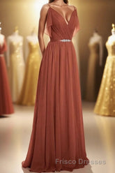 Rust Orange Chiffon Cold-Shoulder Long Bridesmaid Dress