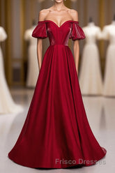 Simple Sweetheart Burgundy Satin Long Formal Prom Dress, Burgundy Evening Dress