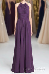 Purple Halter A-line Pleated Long Bridesmaid Dress