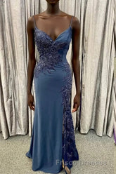 Elegant Navy Blue Long Formal Prom Dress with Lace Appliques