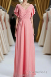 Coral A-line Flutter Sleeves Long Bridesmaid Dress